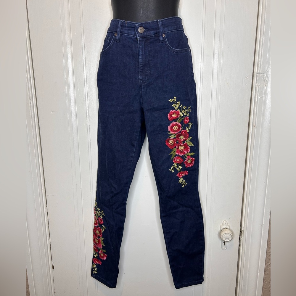 Martha Stewart High Rise Jeans with Red Floral Embroidery